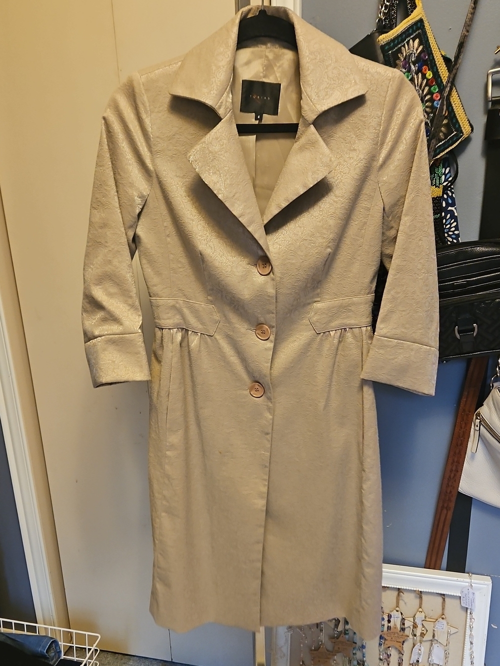 Tobias Liggt Taupe/gold  Textured Notch-Collar Trench Coat Sz 4 Ptp18 L37
